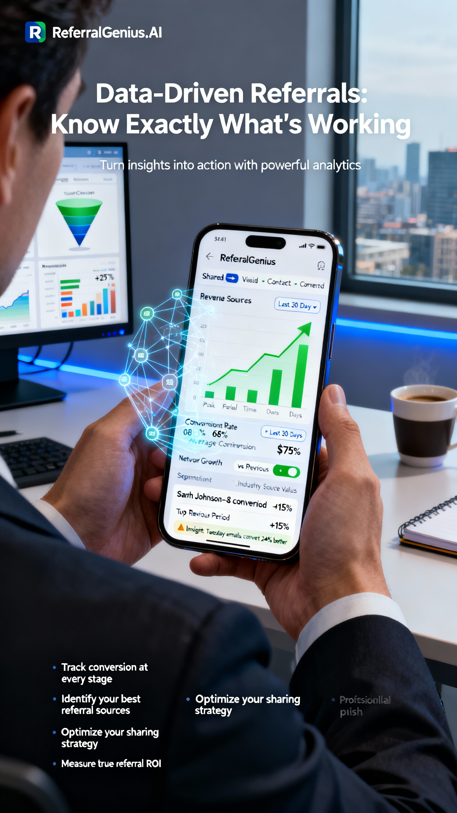 Genius Card analytics dashboard showing conversion tracking and referral insights