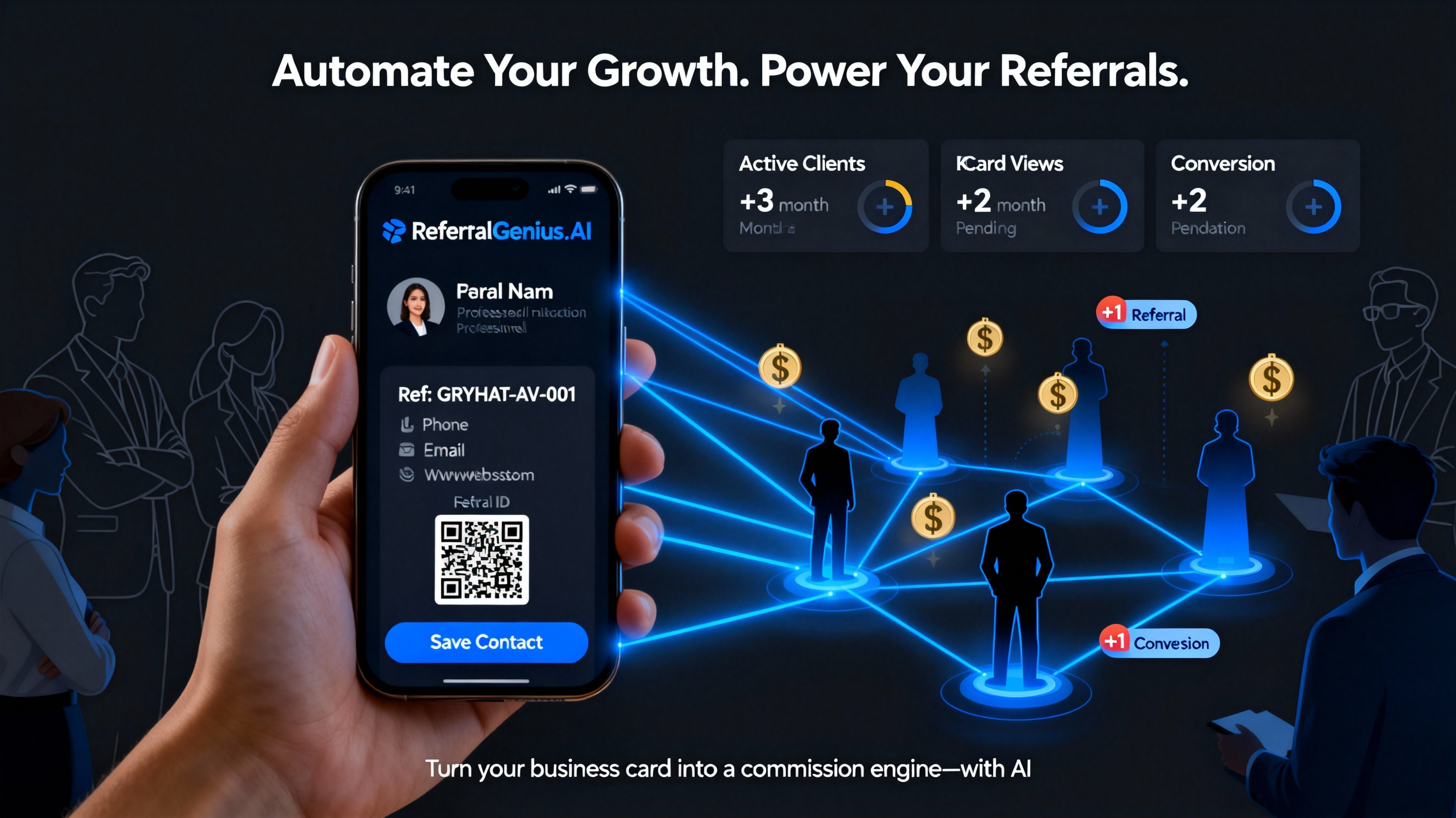 Genius Card app showing digital business card with network tracking and analytics